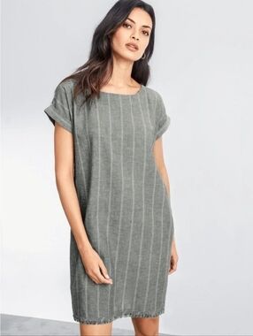 Eileen Fisher Organic Cotton Hemp Pinstripe Shift Dress Grey Pocket XL Lagenlook
